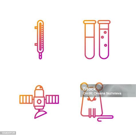 세트 라인 쥐 위성 기상 온도계 측정 및 테스트 튜브 및 플라스크 화학 실험실 그라데이션 색상 아이콘입니다 벡터 0명에 대한