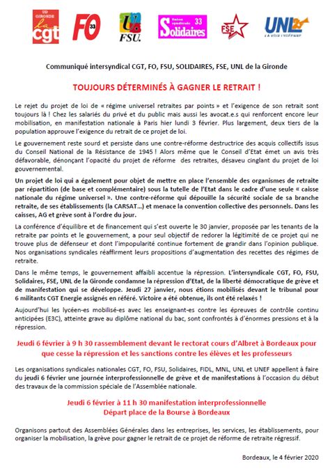 Communiqué intersyndical de la Gironde du 4 février toujours