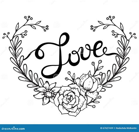 Hand Lettering Word Love With Floral Wreath In Heart Form Stock Vector