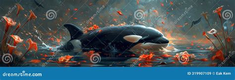 Majestic Orca Whale Amid Vibrant Foliage In Tranquil Waters Stunning