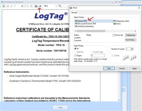 Calibration Save To Pdf Logtag Temperature Loggers