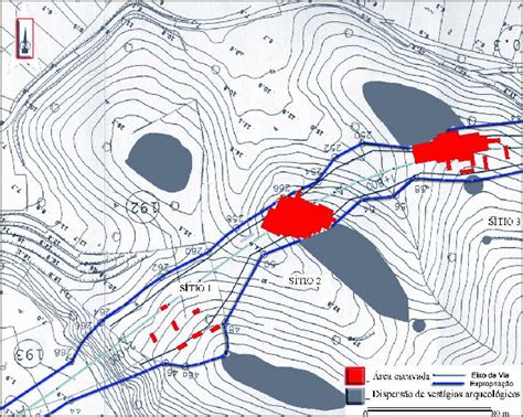 Área escavada e localização dos vestígios arqueológicos no traçado do