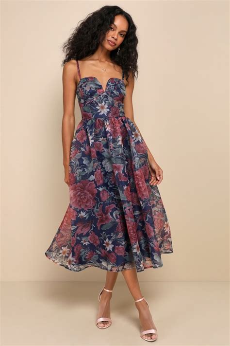 Navy Floral Dress Organza Bustier Dress Floral Midi Dress Lulus