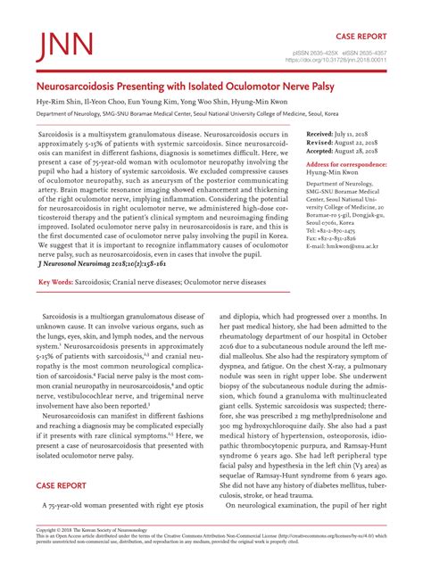 Pdf Neurosarcoidosis Presenting With Isolated Oculomotor Nerve Palsy