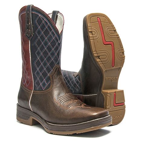 Bota Texana Masculina Texas Café Navy Red Roper Bico Quadrado