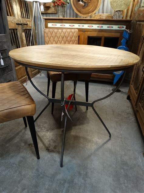 Round Wood Top Dining Table with Metal Base - Rare Finds Warehouse