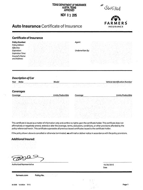 Fillable Online Tdi Texas Farmers Insurance Auto Insurance Certificate Of Insurance 94 3008 1st