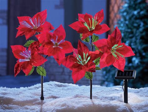 Set Of 2 Solar Power Lighted Poinsettia Lawn Yard Stakes Outdoor Decor