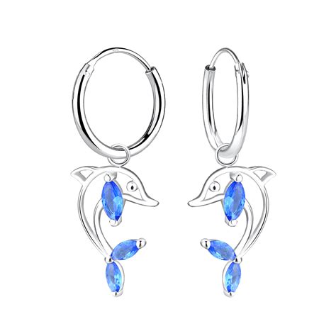 925 Silver Jewelry Silver Dolphin Charm Hoop Earrings 8242