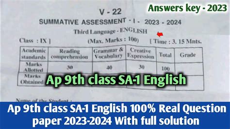 Ap 9th Class English Sa 1 💯real Question Paper With Answers 2023 249th