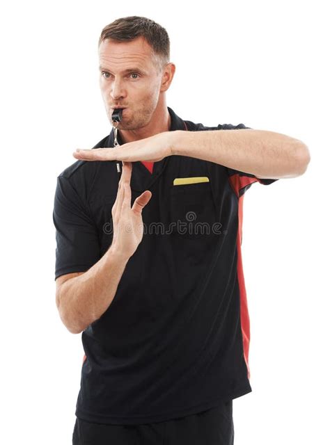 Sports Timeout And Man Referee In Studio Blowing A Whistle For Soccer