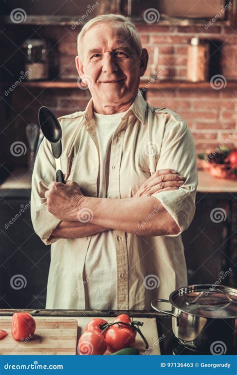 Old Man In Kitchen Stock Image Image Of Adult Grandpa 97136463