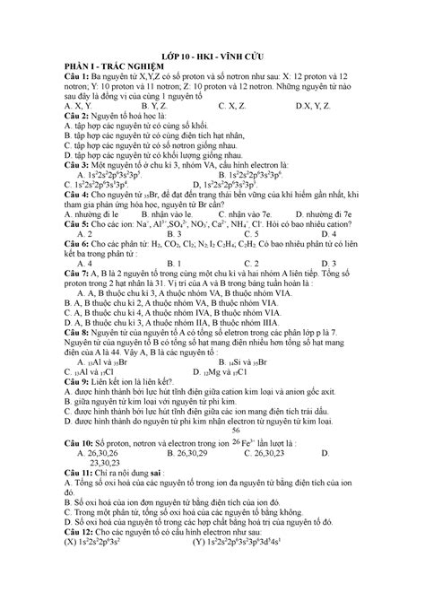 14 LỚp 10 Hki VĨnh CỬu LỚp 10 Hki VĨnh CỬu PhẦn I TrẮc NghiỆm Câu 1 Ba Nguyên Tử X