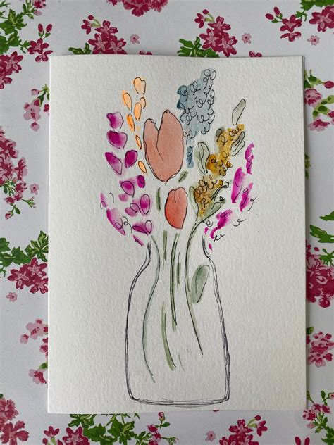 Flower In A Vase Card Watercolor Flower Card Homemade Etsy