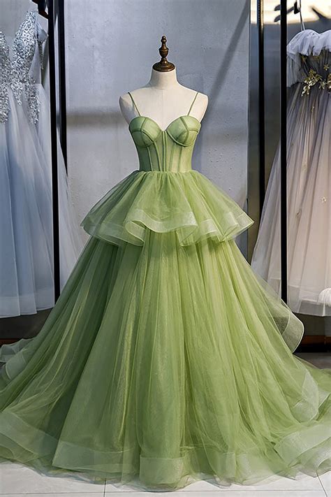 Hand Made Sage Green Tulle Prom Dressspaghetti Straps A Line Etsy Uk