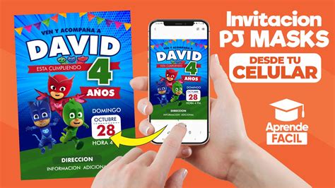 Invitación de cumpleaños pj mask heroes en pijama en el celular