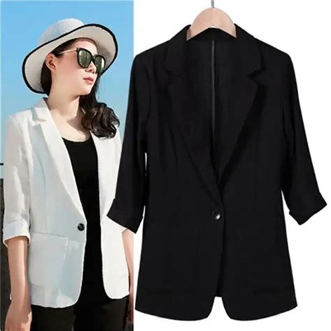 Women Blazers NEW Casual summer thin cotton and linen Slim seven ...