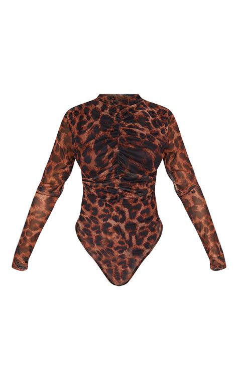 Tan Leopard Print Mesh Ruched Bodysuit Tops Prettylittlething Usa