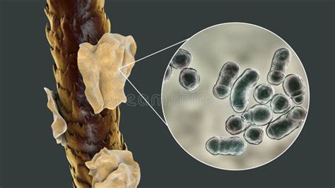 Cabello Humano Con Caspa Y Vista De Primer Plano De Los Hongos Microscópicos Malassezia Furor