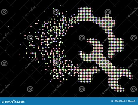 Soft Dissolving Pixelated Halftone Gear Mechanism Icon Vector