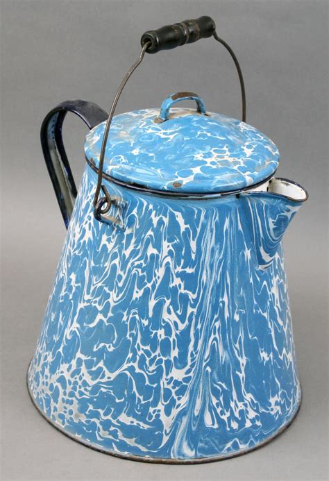 Bid Now Large Antique Blue White Swirl Graniteware Coffee Pot With O