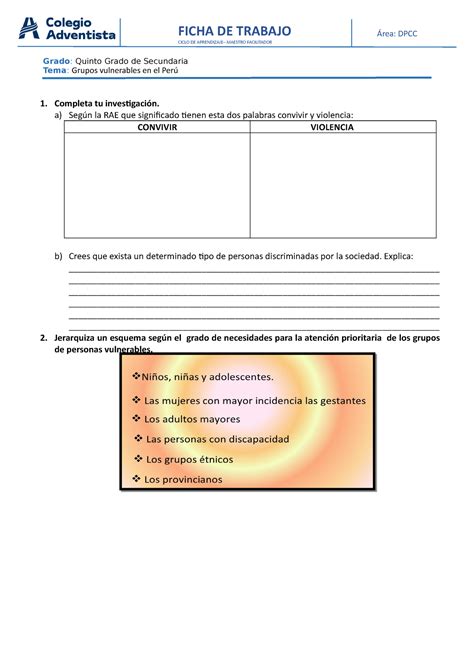 Dpcc 1 grupos vulnerable en el perú FICHA DE TRABAJO CICLO DE