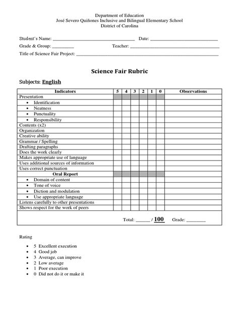 Science Fair Project Rubric Pdf Quality Of Life Teachers