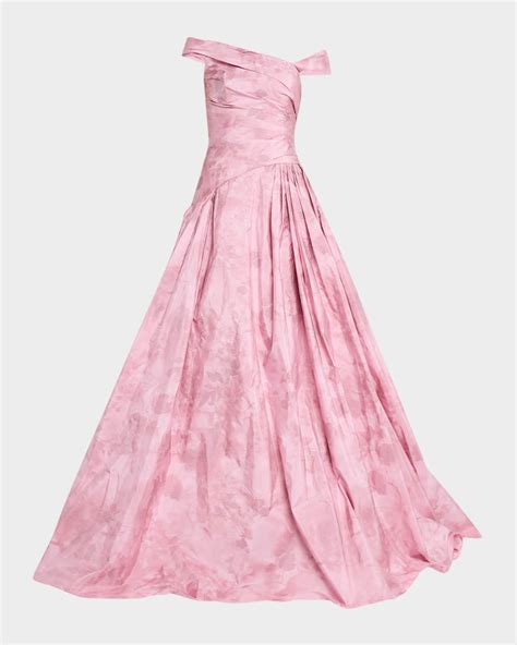 Pamella Roland Off The Shoulder Floral Taffeta Asymmetrical Gown