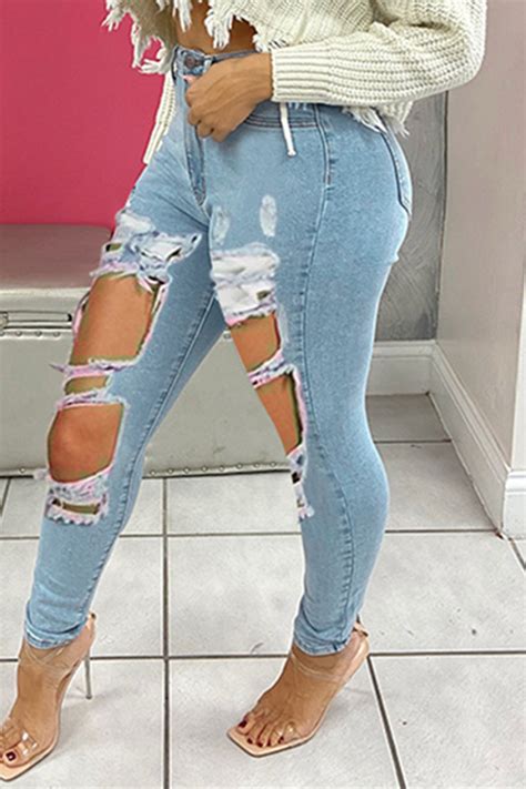 Wholesale Baby Blue Fashion Sexy Solid Ripped High Waist Skinny Jean