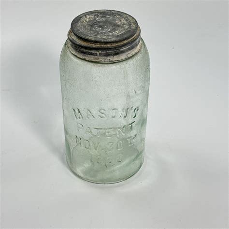 Vintage Masons Patent Nov 30th 1858 Quart Fruit Jar W Zinc Lid Light Green Ebay