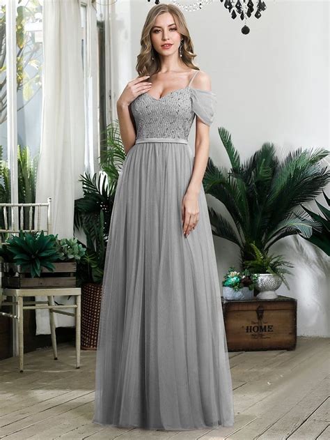 Cold Shoulder Sequin Bodice Long Tulle Bridesmaid Dress Tulle