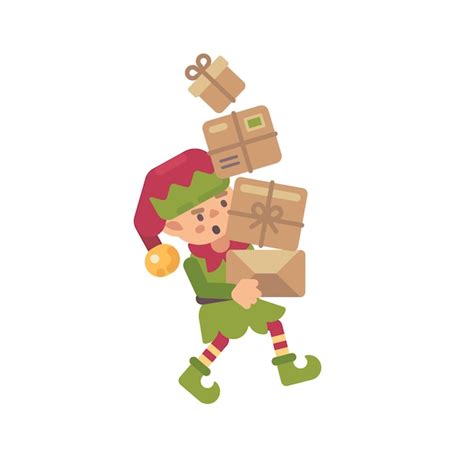 Cute Busy Christmas Elf Carrying Parcels With Presents For Kids