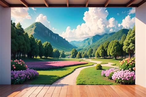 Premium AI Image | A large mural of a road leading to a mountain landscape.