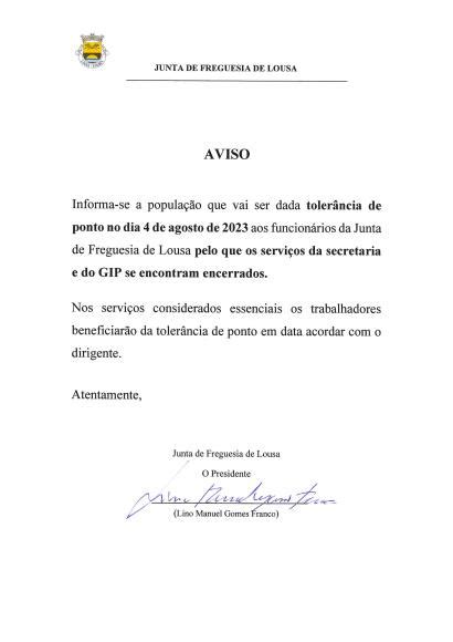 Tolerância de Ponto 04 de agosto de 2023 Junta de Freguesia de Lousa