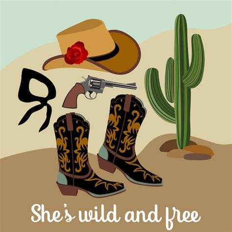 Premium Vector Retro Cowgirl Vector Set Of Cowboy Hat With Red Rose Revolver Boots Bandana