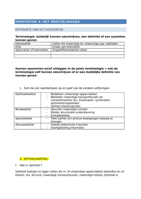 4 Key Points Het Weefselniveau HOOFDSTUK 4 HET WEEFSELNIVEAU