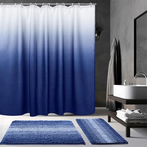 Fanfanwin 3 Pcs Blue Shower Curtain And Rug Sets With 12