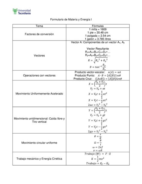 Formulario De Materia Y Energia I Formulario De Materia Y Energ A I