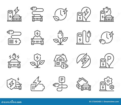 Electric Car Charging Line Icons Charge Station Ev Parking And