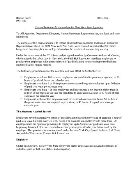 Human Resources Management HR Memo Project - Ramon Suero 04/04/ PAD 702