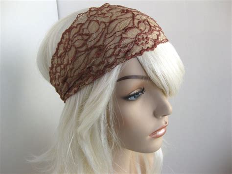 Wide Lace Headband Beige Copper Brown Head Wrap Womens Etsy Wide