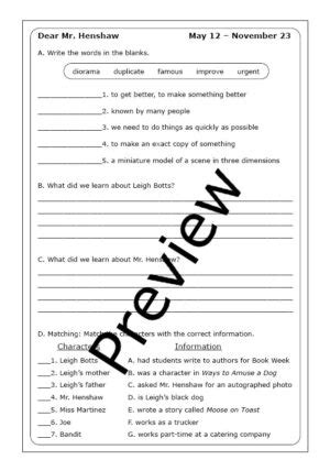 Beverly Cleary Dear Mr Henshaw Worksheets Made By Teachers