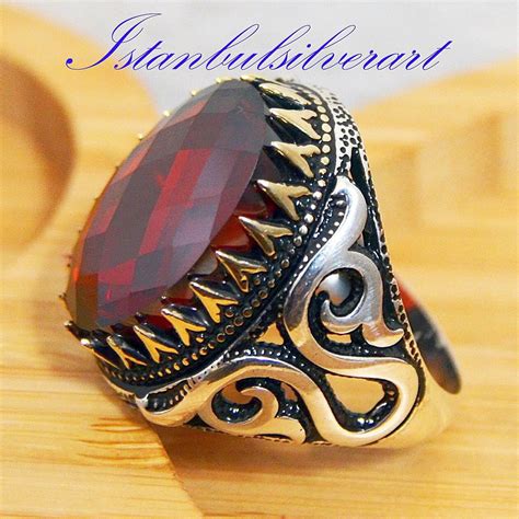 Mens Handmade Ring Turkish Handmade Silver Men Ring Ottoman Mens Ring Ruby Cubic Zircon