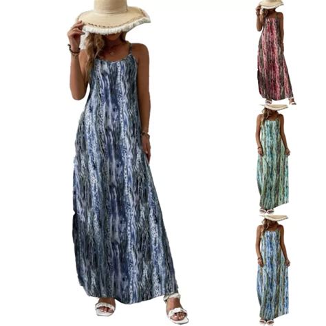 Robe Maxi Col Sexy Pour Femmes Imprim Tropical Et Sangle Spaghetti Eur