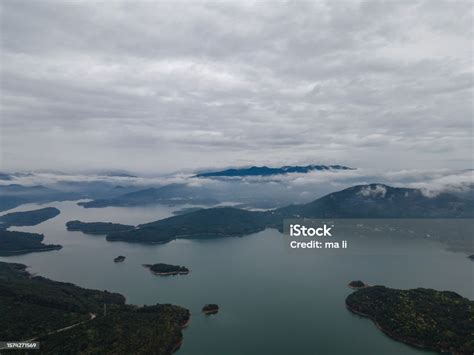 Aerial Photography Of Reservoirs In Clouds And Mist Stock Photo