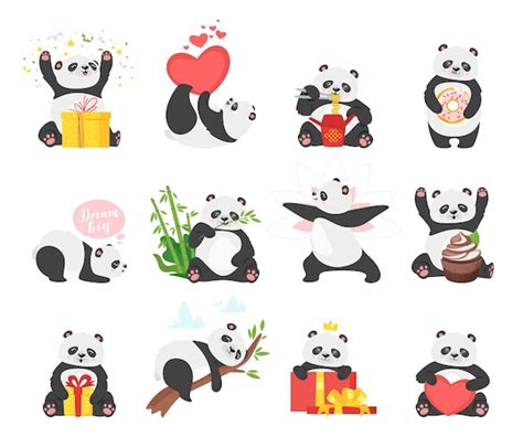 Conjunto de ilustraciones planas de pandas lindos Fauna asiática