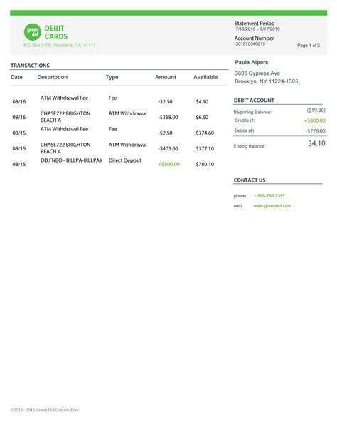 Green Dot Bank Statement Template