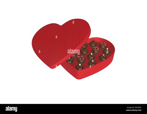 A 3d Rendering Of A Red Heart Shaped Box Filled With Chocolates On A White Background Stock