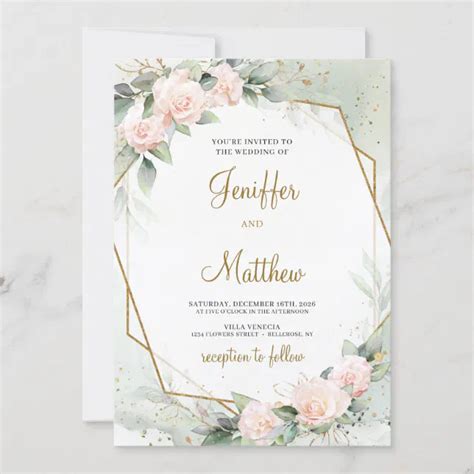 Boho Blush Pink Floral Greenery Gold Frame Wedding Invitation Zazzle