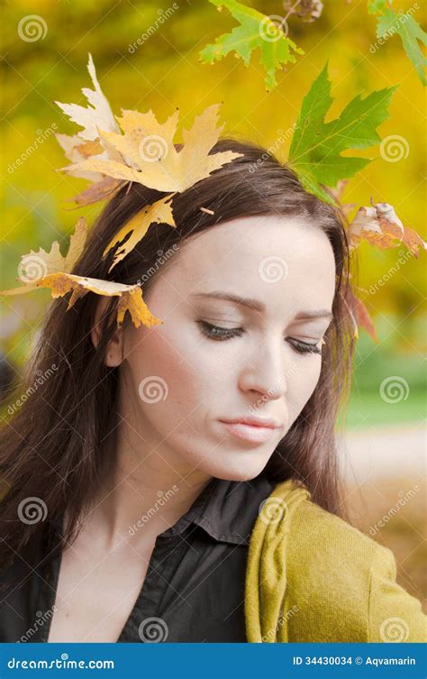 Portrait Of Woman With Leaves In Her Hair Standing Stock Photo Image